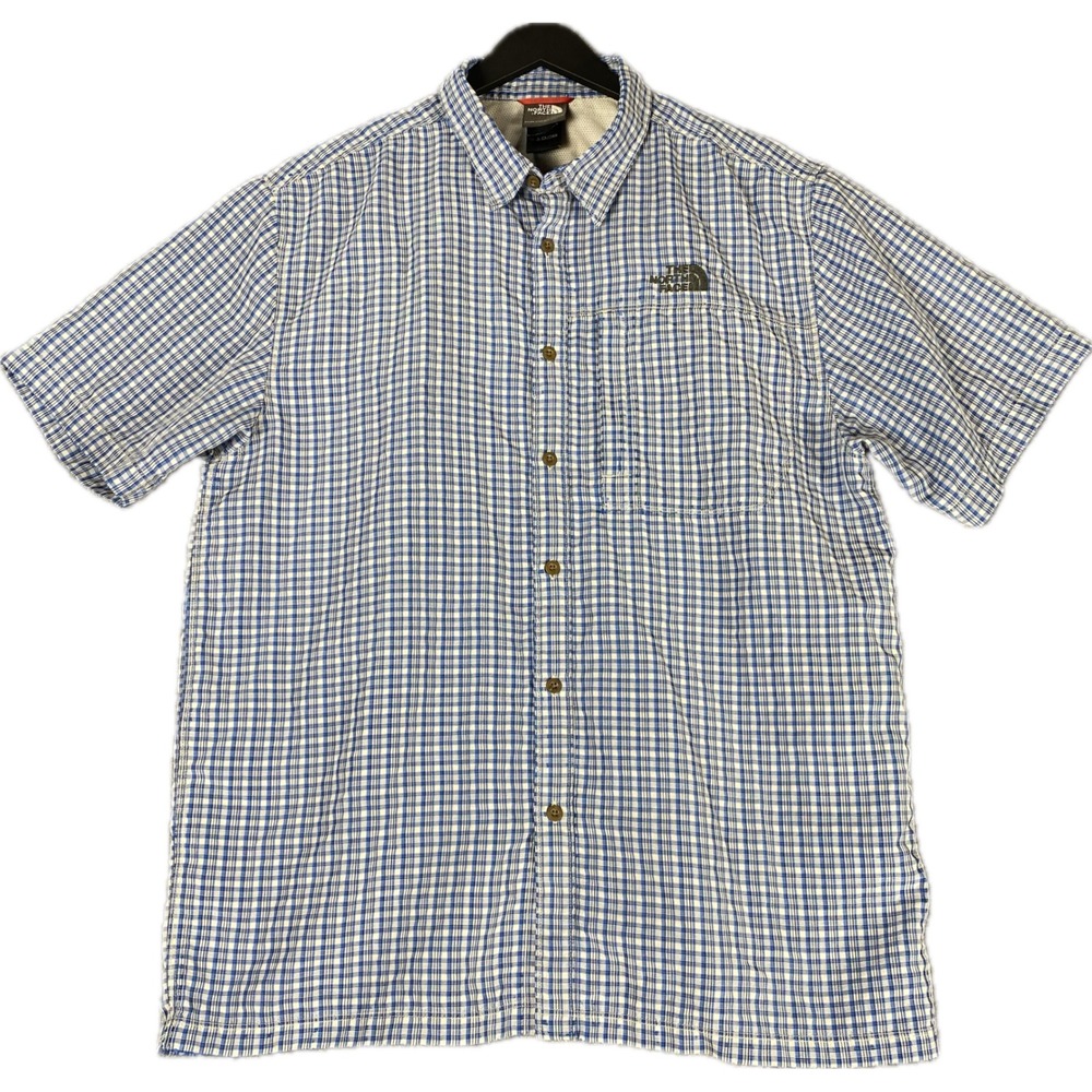 The North Face Mens‎ Shirt L Blue Plaid Short Sleeve Hiking Zipper Pocket A4H9